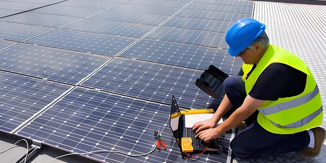 A technician checking monitoring equipment on an installed system